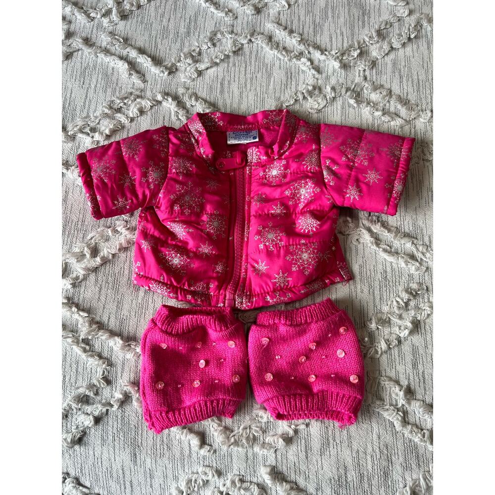 Build A Bear Workshop Snowflake Pink Quilted Winter Coat with Sequin Legwarmers